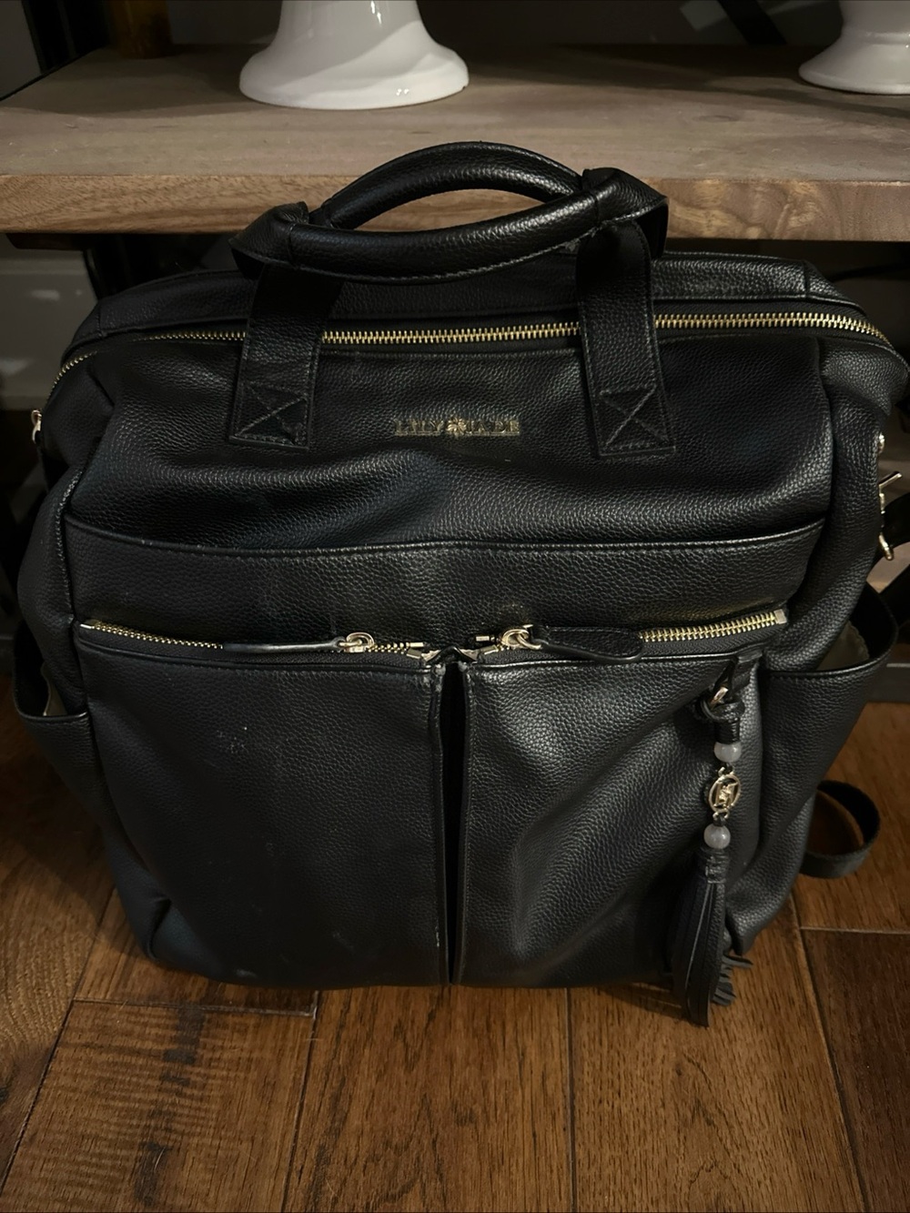 Lily Jade Caroline Vegan Leather Diaper Bag Backpack crossbody black zip close